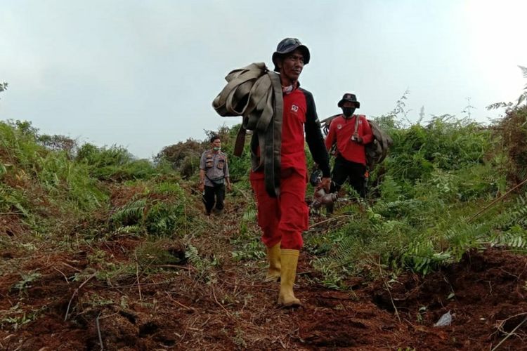 Sulitnya Perjuangan Tim Pemadam Karhutla Demi Jaga Tanah di Bumi Melayu Riau Tim Manggala Agni Sumatera V Daops Dumai memikul peralatan pemadaman untuk memadamkan titik api karhutla di Desa Sukarjo Mesim, Kecamatan Rupat, Kabupaten Bengkalis, Riau, Selasa (23/2).(Dok. Manggala Agni Dumai via KOMPAS.com)