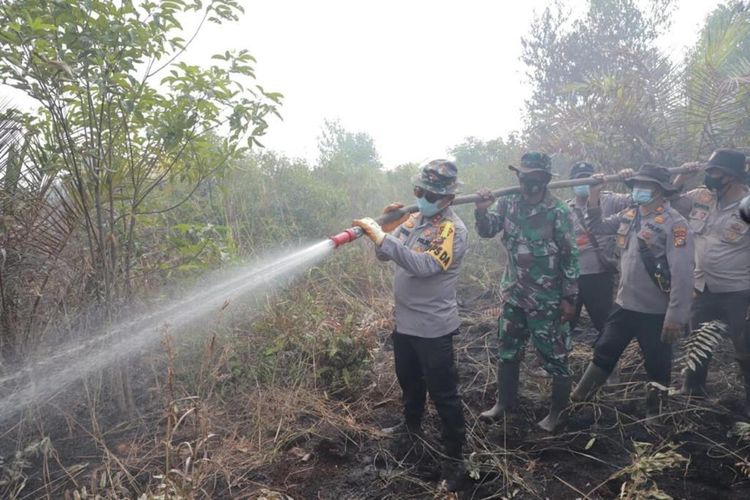 Kapolda Riau Irjen Pol Agung Setya Imam Effendi saat ikut turun tangan memadamkan karhutla di Kelurahan Tanjung Kapal, Kecamatan Rupat, Kabupaten Bengkalis, Riau, Rabu (3/3/2021).(Dok. Polda Riau via Kompas.com)