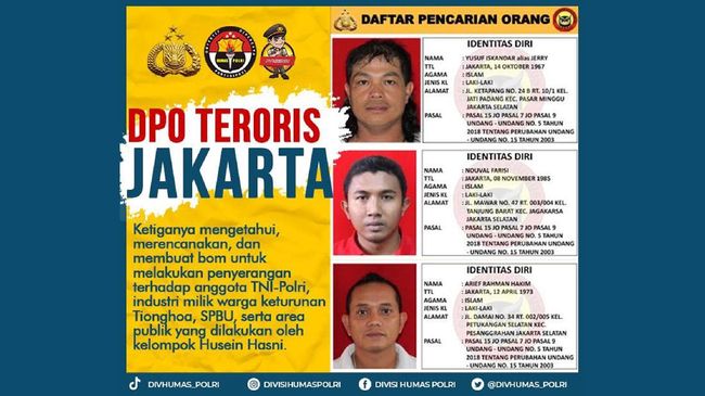 Identitas 3 DPO terduga teroris yang dirilis Polri (Dok twitter @DivHumas_Polri via CNN Indonesia)