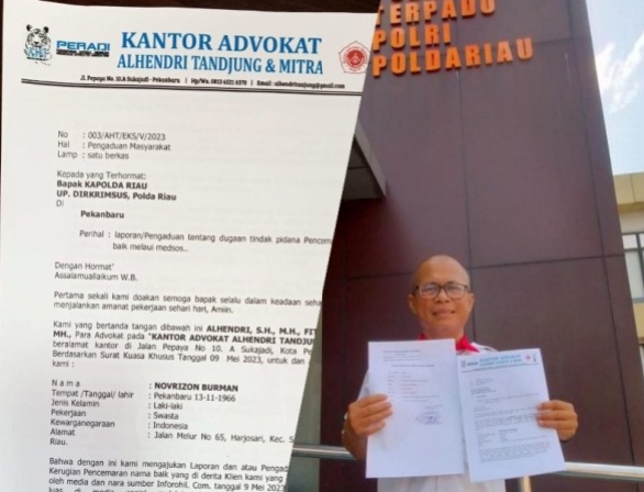 Ketua SMSI Novrizon Burman melaporkan dugaan tindak pidana pelanggaran terhadap Undang Undang ITE, Rabu (10/5/2023).